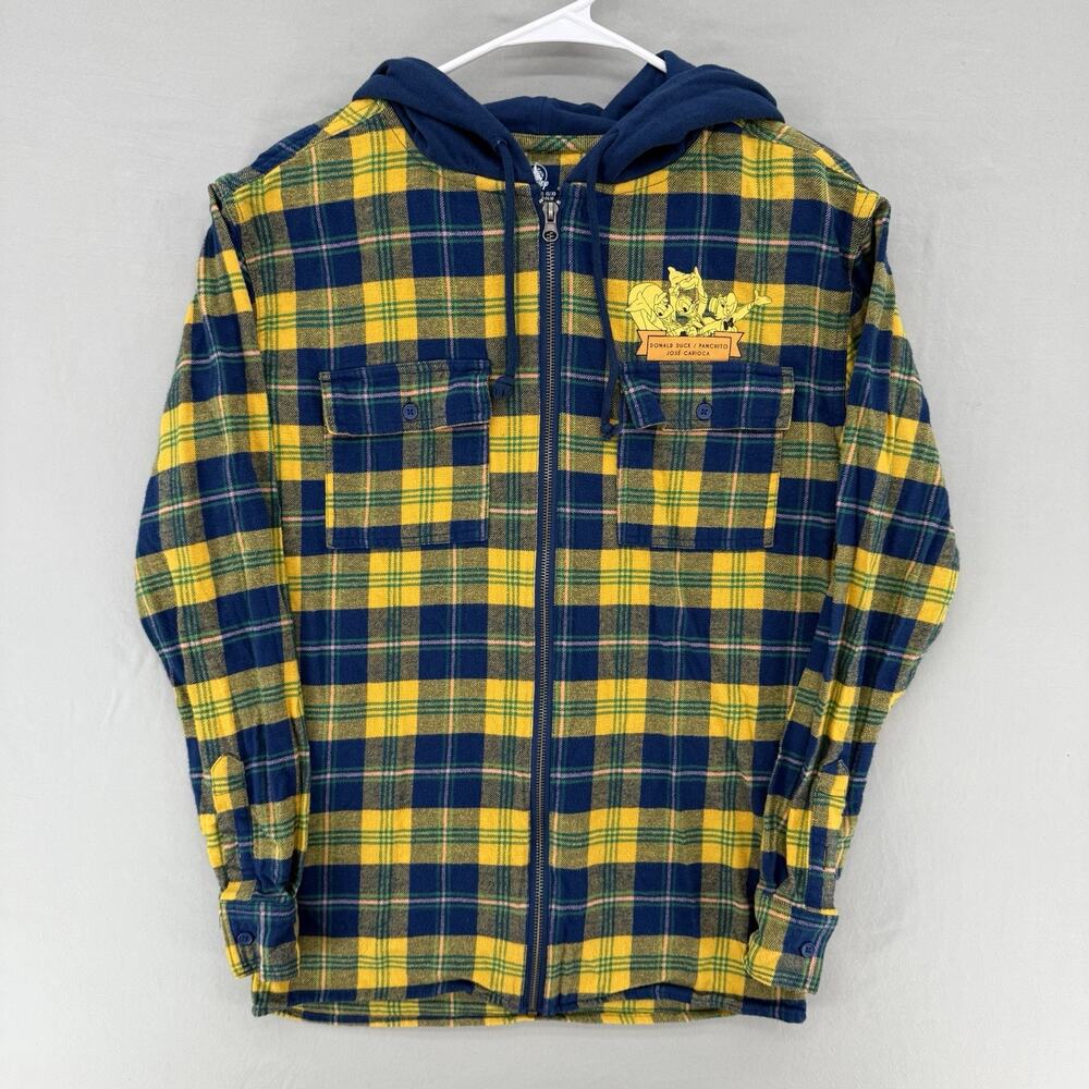 Disney Three Caballeros Donald Duck Zip Flannel Hoodie XS Full Zip Yellow Blue - Picture 3 of 11
